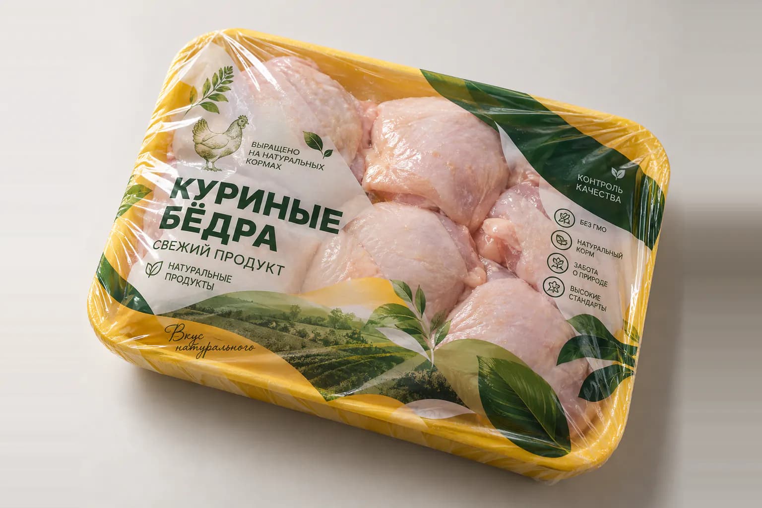 Tray of chicken thighs wrapped in full-color printed film with the product name, herbs, a countryside scene and icons
