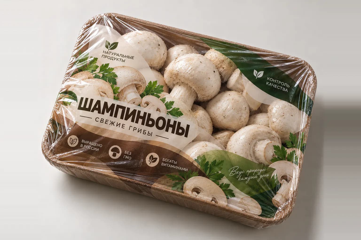Tray of button mushrooms wrapped in printed film with the product name, photographic mushrooms, parsley and icons