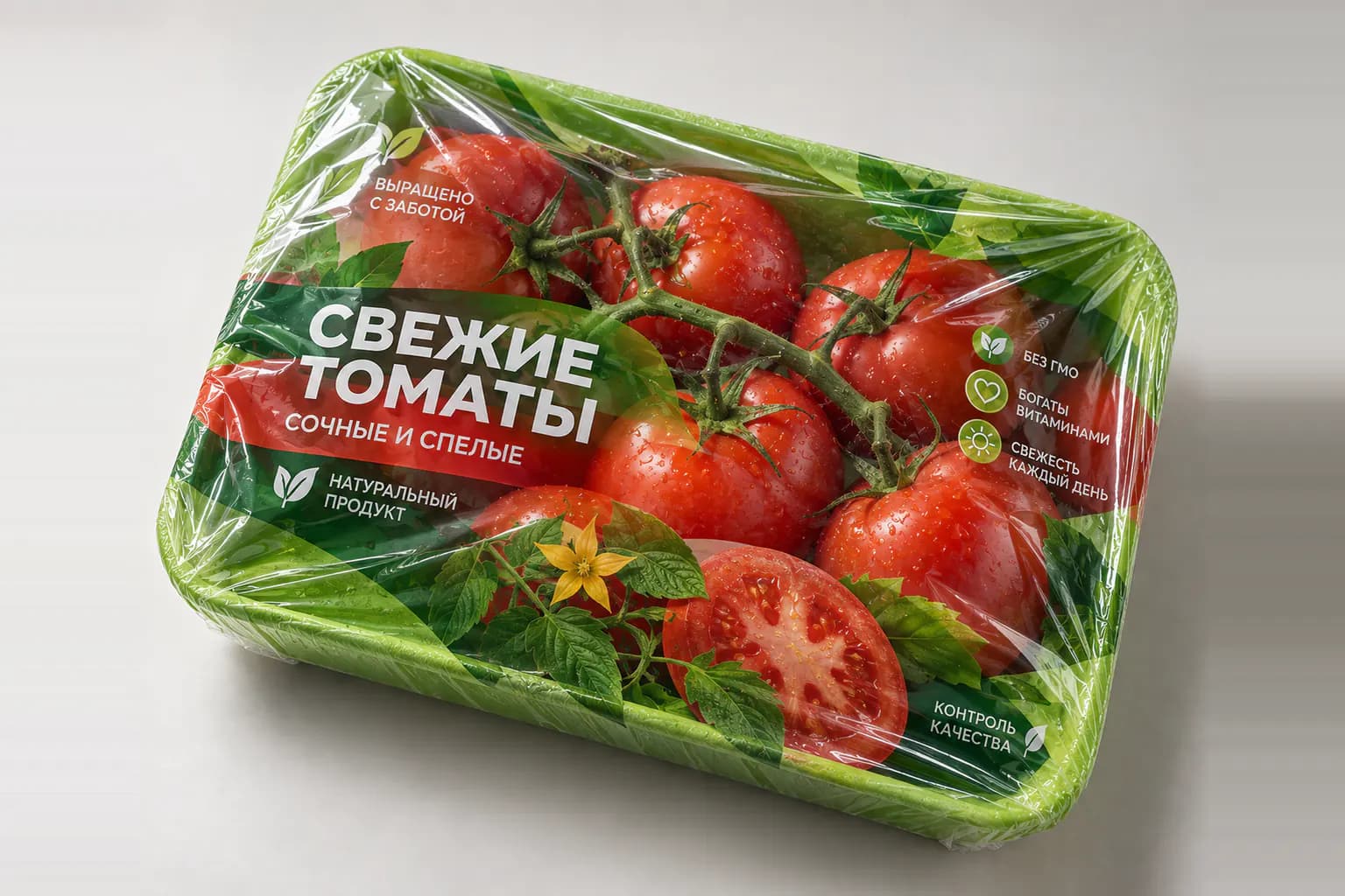 Tray of tomatoes wrapped in printed film with red and green artwork around the edges, leaves, icons and a clear window